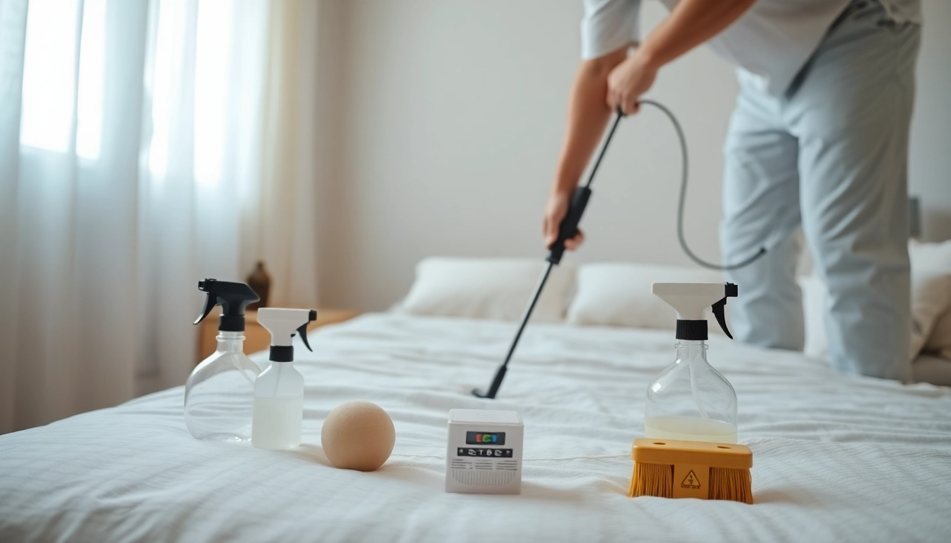 Efficient bed bug removal techniques in a clean bedroom environment, highlighting pest control tools.