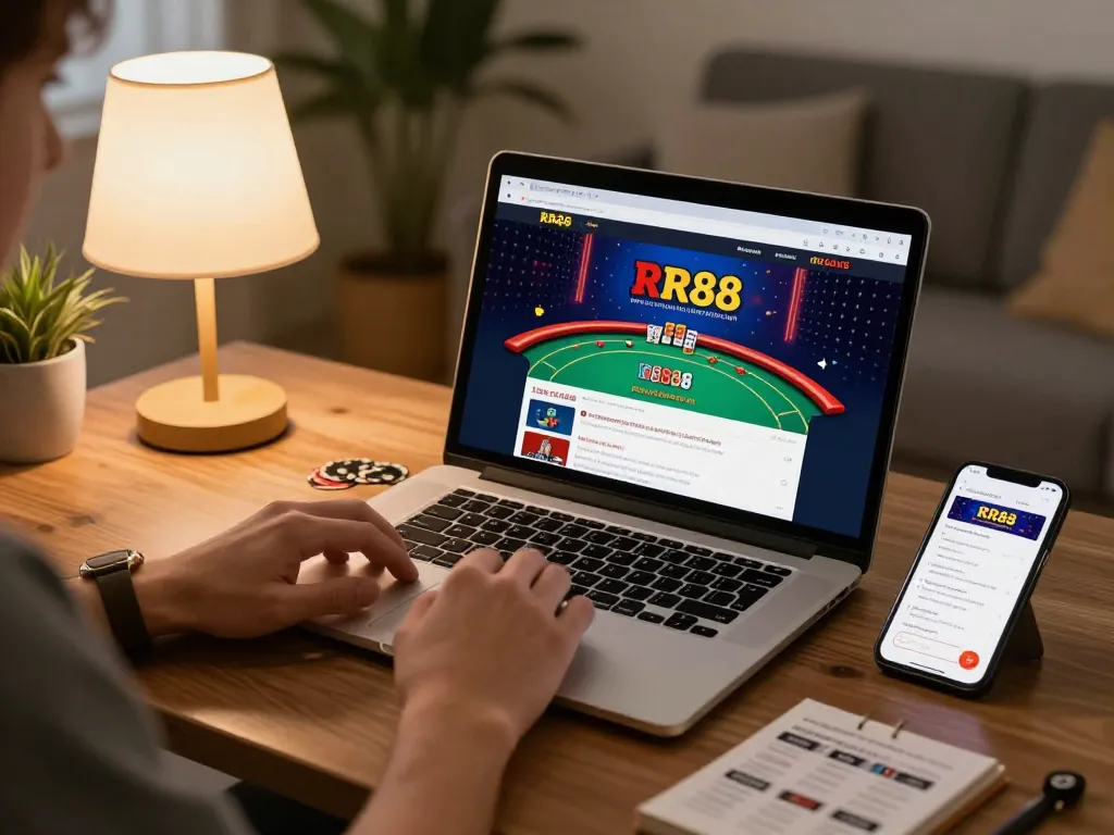 Player engaging in online poker using RR88, with warm lighting and strategic notes on the table.