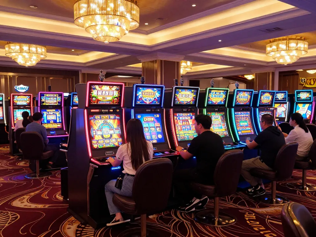 Spin the reels at Link Gaco's vibrant slot machine area in a luxury casino setting
