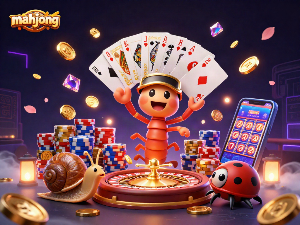 Engage with mahjong at a vibrant casino scene featuring a dynamic cartoon dealer and high-rollers.