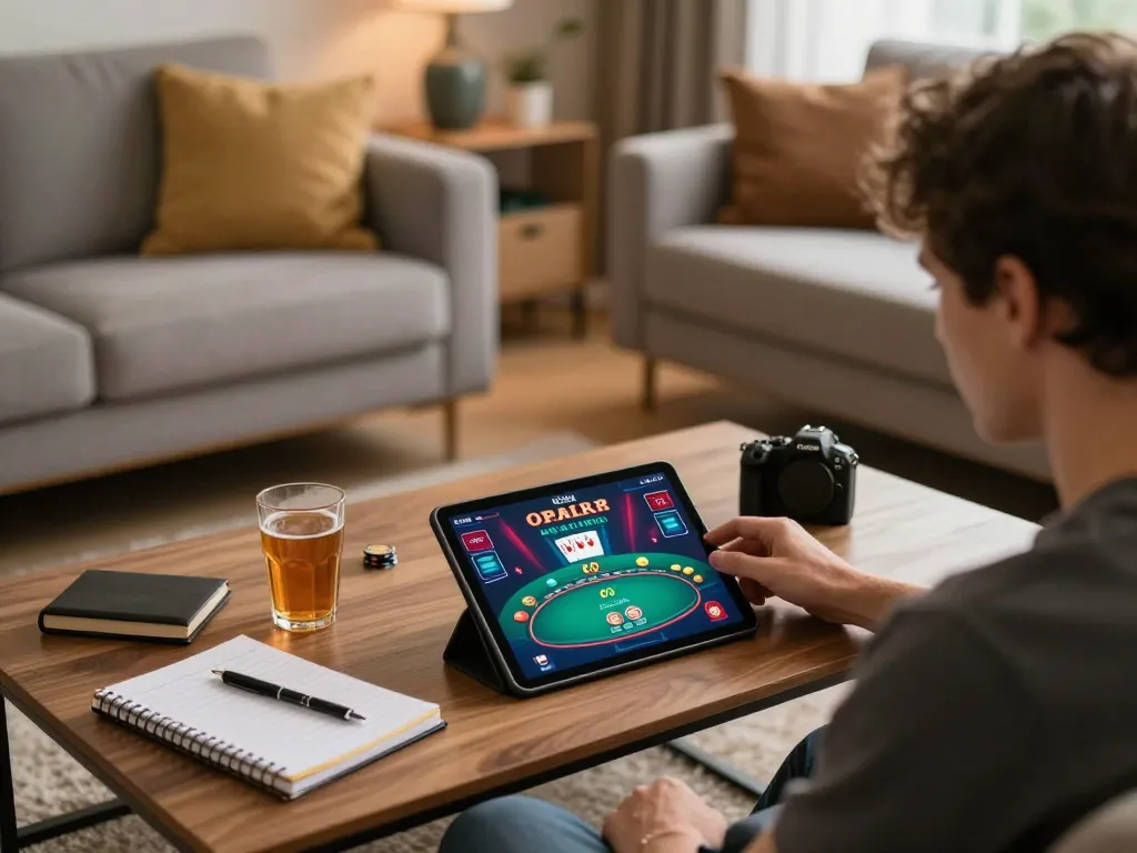 luck8 player enjoying immersive poker experience on tablet in cozy living room