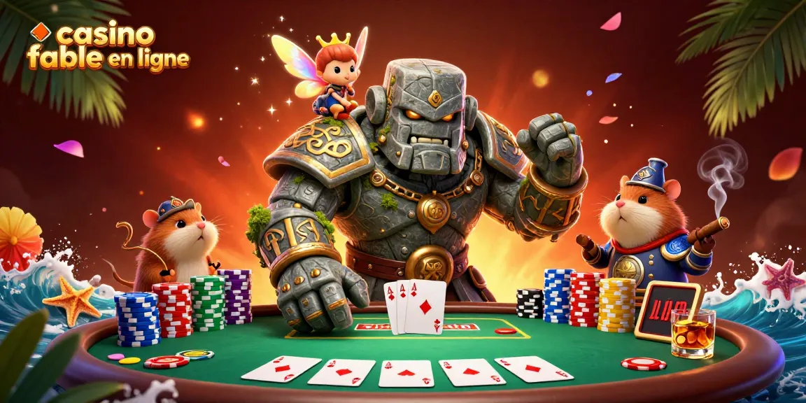 Une illustration de casino fiable en ligne avec un golem en pierre et un hamster chevalier, mélangeant magie et éléments de jeu.