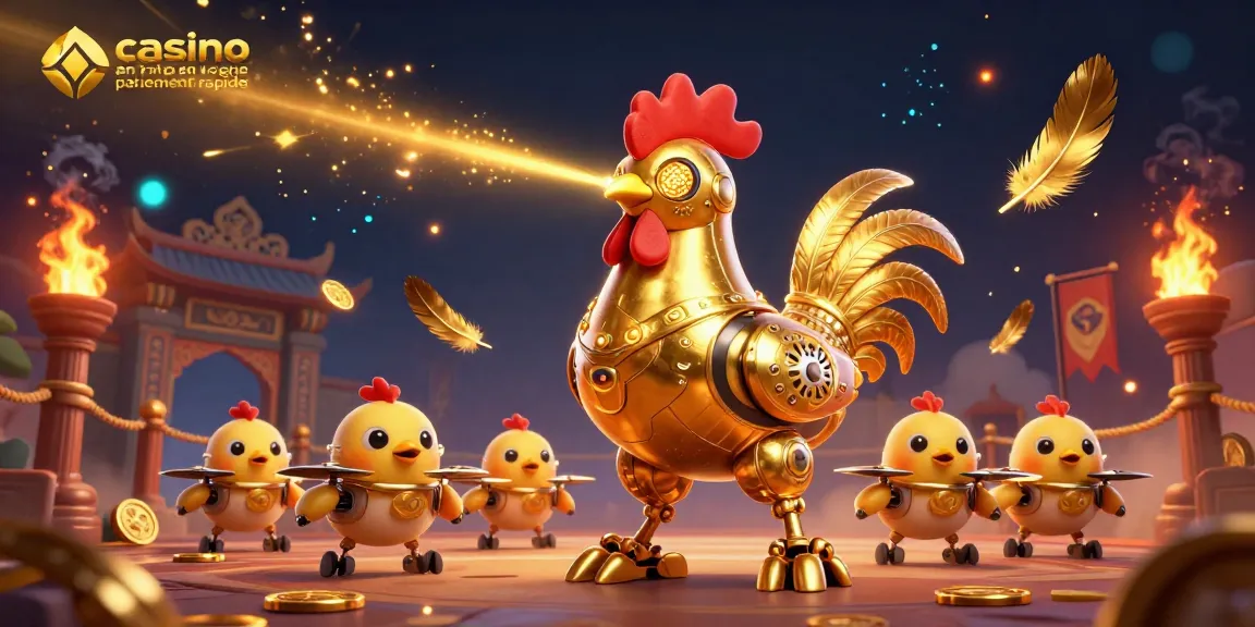 Engagez-vous avec le casino en ligne paiement rapide illustré par un robot coq en or dans une arène de jeu.