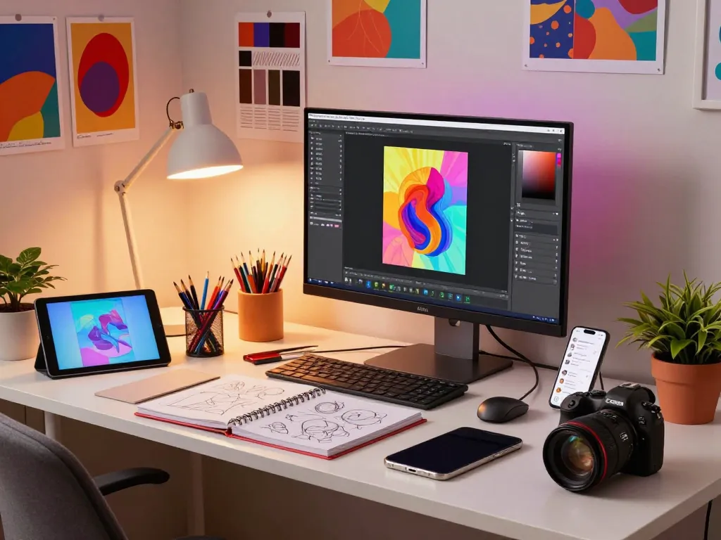 Designer using Nano Banana Pro in a vibrant digital workspace, showcasing creativity with art supplies and lively atmosphere.