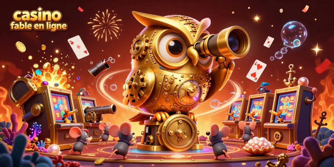 Plongez dans un univers de casino fiable en ligne avec une illustration 3D d'un hibou doré, des souris et des trésors.