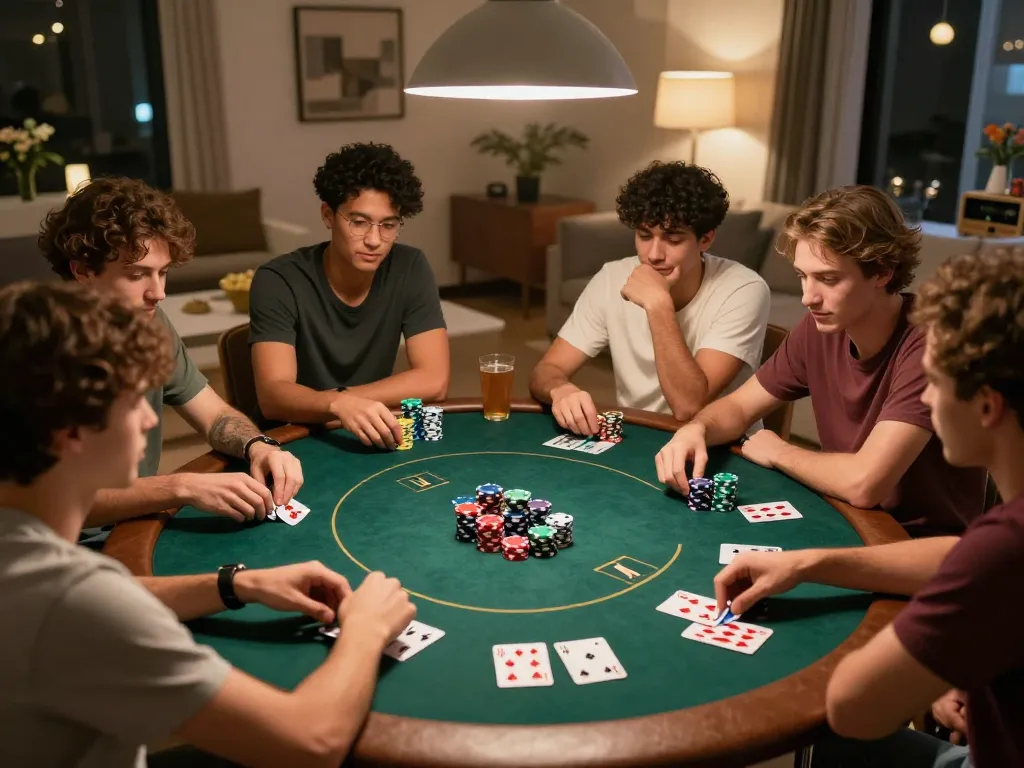 Sahabat menikmati malam poker yang meriah sambil bermain permainan kasino online HOKI77 dengan chip dan kartu di meja.