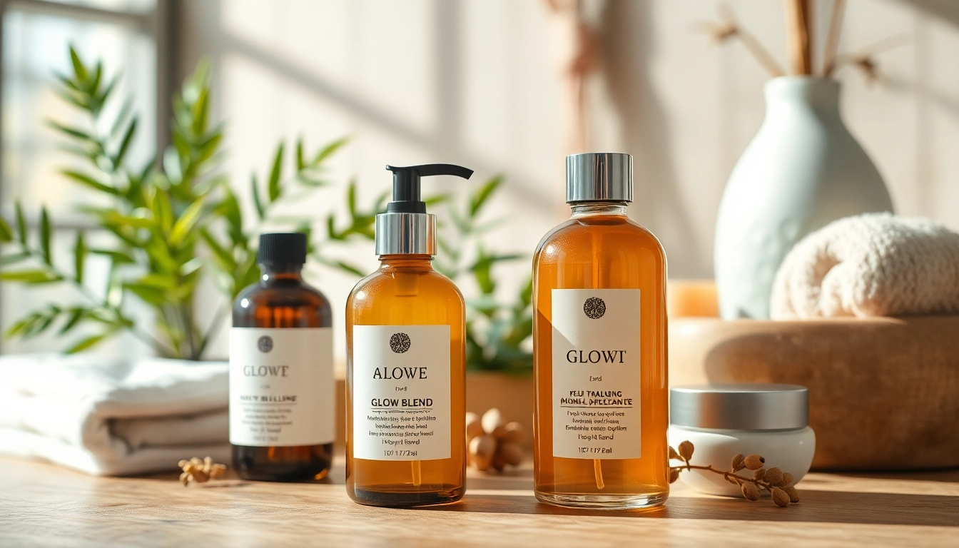 Capture the soothing features of Glow Blend skincare in a serene spa setting.