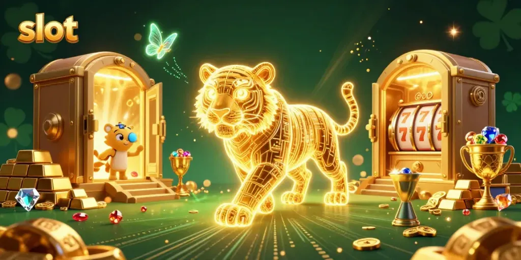 Spin exciting slot reels with a golden tiger and shimmering gems in a vibrant casino scene.