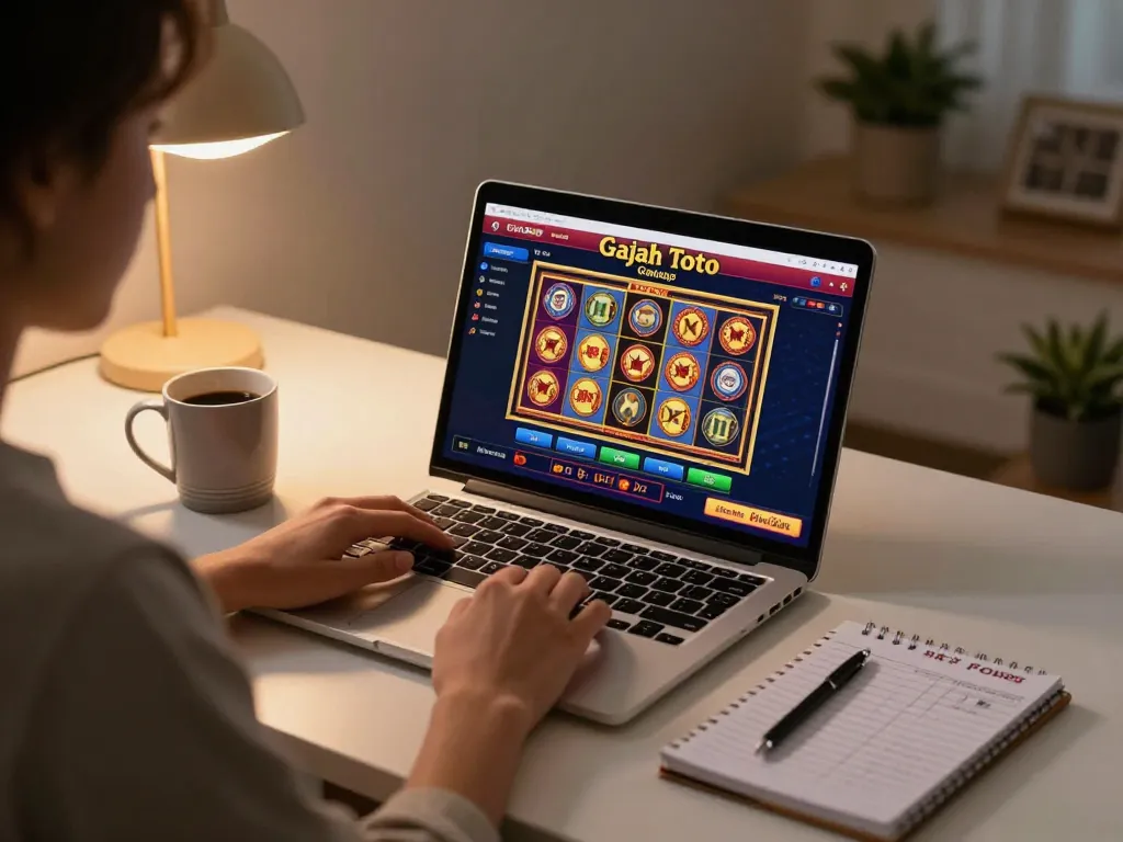 Engage in online gambling on Gajah Toto with a cozy home setup, featuring a laptop and betting notes.