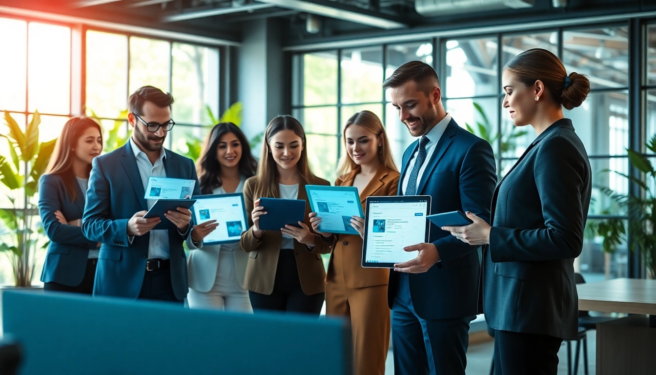 Showcase of enterprise search platforms featuring diverse professionals collaborating effectively.