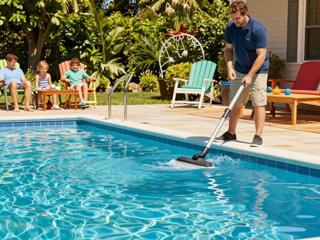 Dolphin Pool Services technician performing maintenance on a beautiful Virginia pool, ensuring a clean and enjoyable swimming experience.