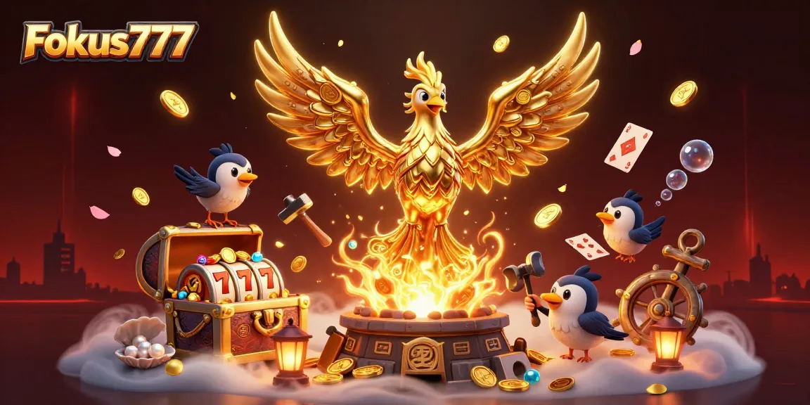 Engage with exciting game elements at Fokus777, showcasing a golden phoenix surrounded by casino symbols.
