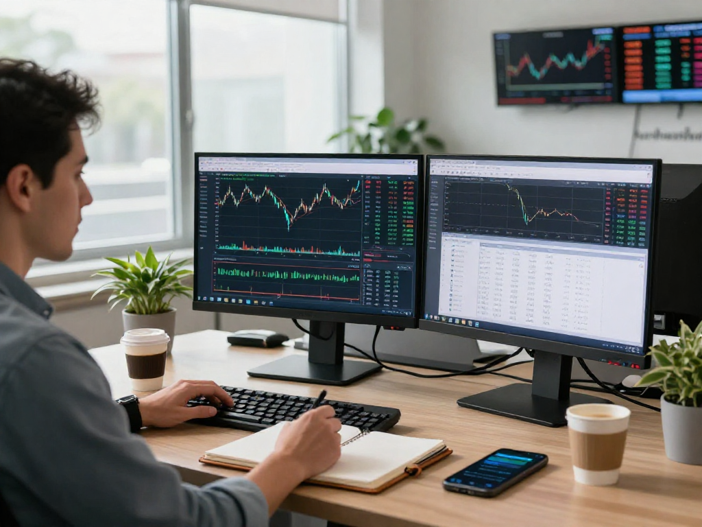 Trader using the metatrader 5 platform with multiple screens in a modern workspace.