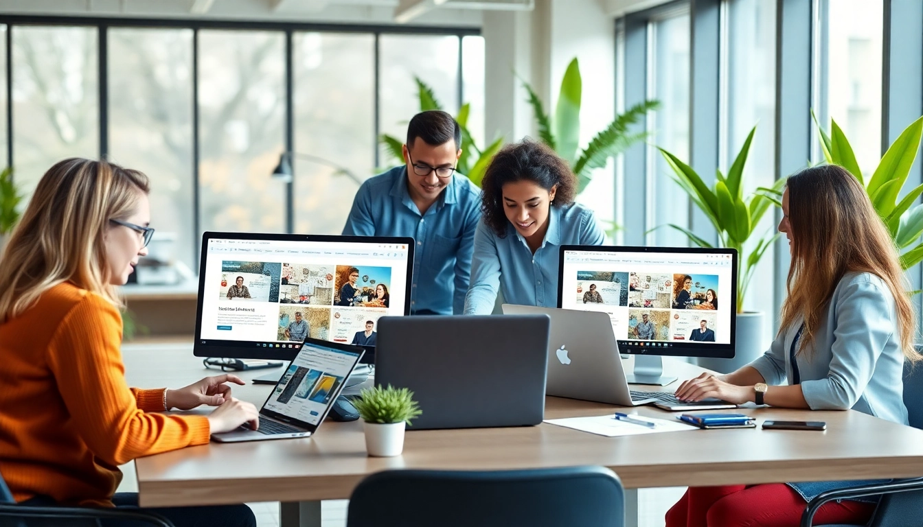 Showcasing web design edmonton through collaboration in a modern office, emphasizing creativity and teamwork.
