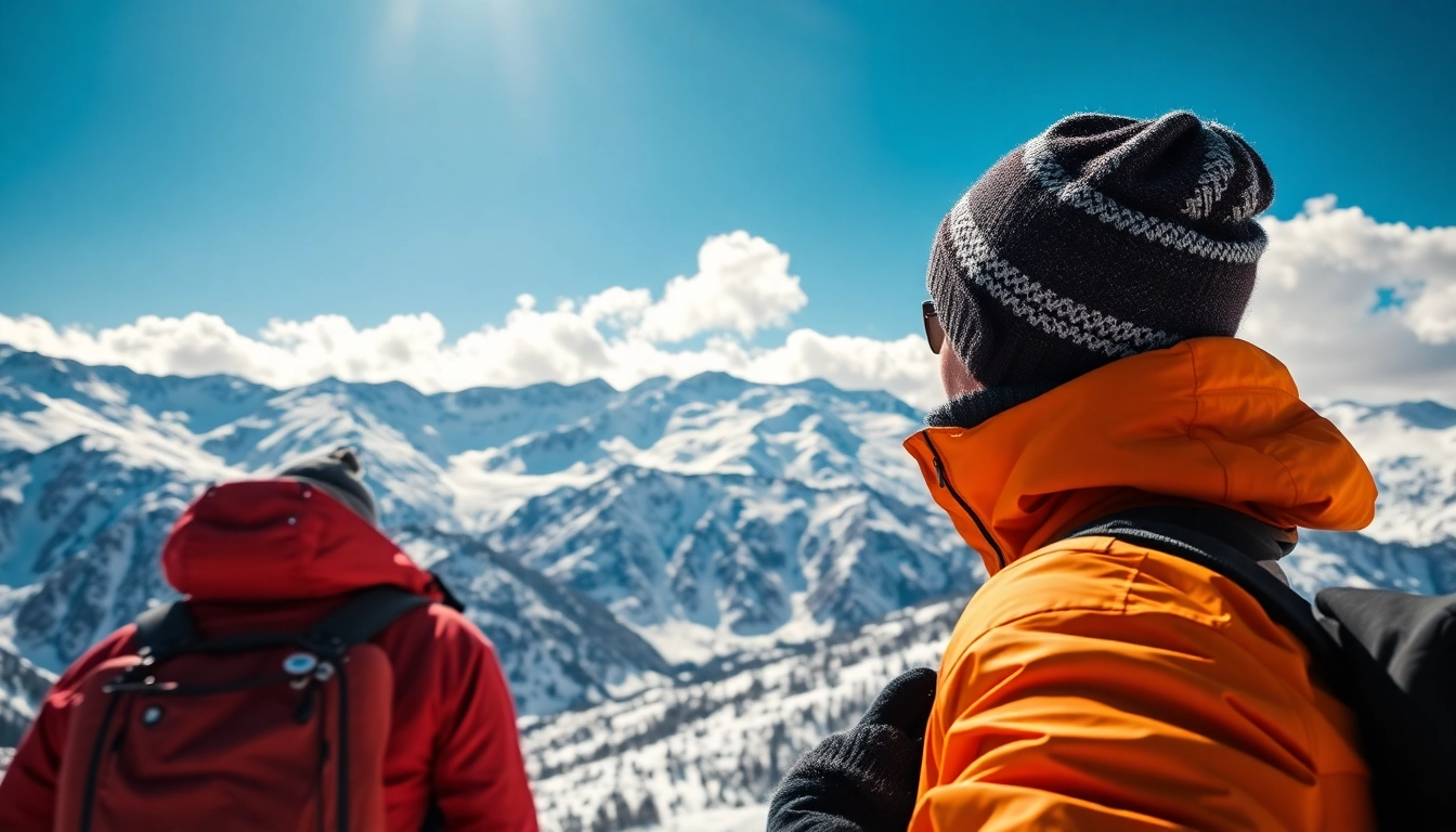 Person in cold weather gear enjoying a snowy mountain view.