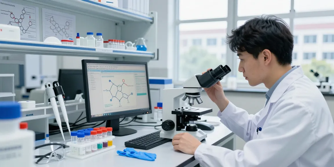Retatrutide research supplier showcasing scientists evaluating peptides in a bright lab setting, featuring meticulous equipment and research data.