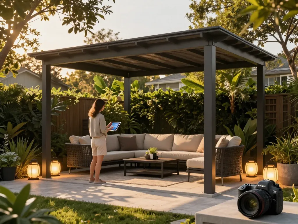 Homeowner using configuratore 3D pergola design tool in a beautiful outdoor setting with adjustable louvered roofs.