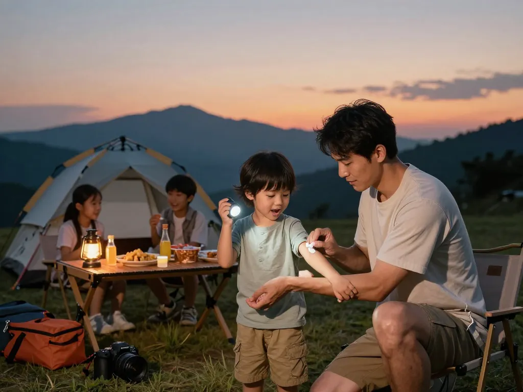 Applying Best Mosquito Repellent in a camping scene, ensuring protection for family.