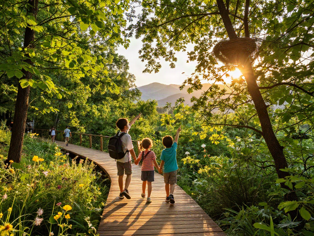Treetop Walkway offering stunning views and family adventure in a lush forest at sunset