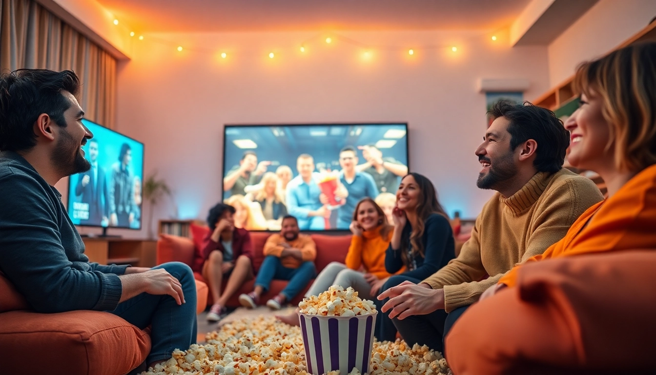 Enjoy หนังออนไลน์ with friends in a cozy home theater setting, capturing laughter and joy.