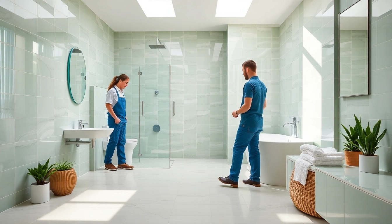 Wet room fitters skillfully designing a modern bathroom with elegant finishes.