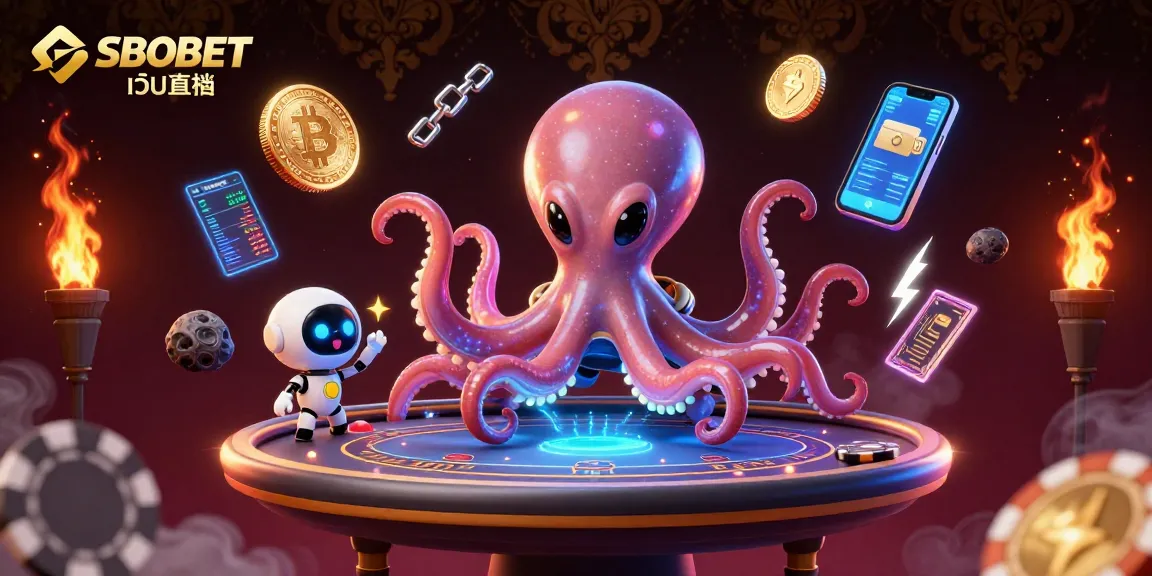 Experience SBOBET เว็บตรง with an exciting alien octopus managing a poker table amidst vibrant digital elements.