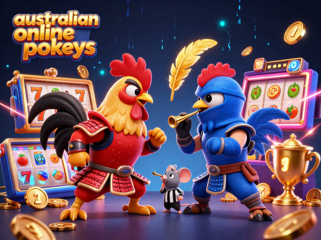 Action-packed scene featuring australian online pokies with epic rooster showdown and jackpot elements.