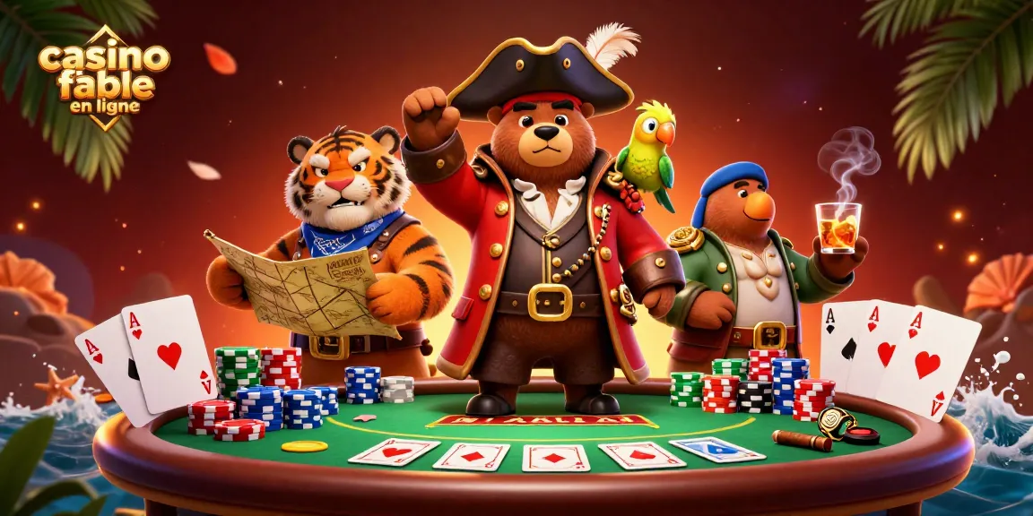 Gagnez avec un casino fiable en ligne, illustration d'un ours pirate, tigre et perroquet autour d'une table de poker.