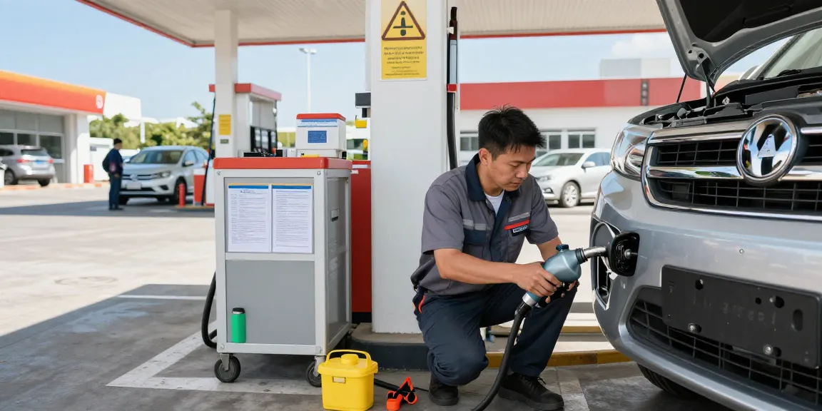 Correctly pouring Adblue in diesel car fuel tank at gas station for optimal performance.