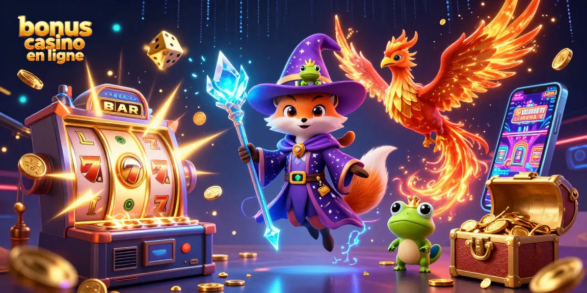 Engagez-vous dans le monde dynamique des bonus casino en ligne avec des machines à sous colorées, des personnages et des éléments de jeu dynamiques.