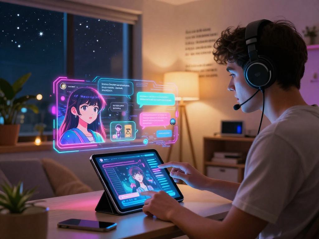 User interacting with an AI chat interface exploring hentai ai chat in a vibrant, futuristic environment