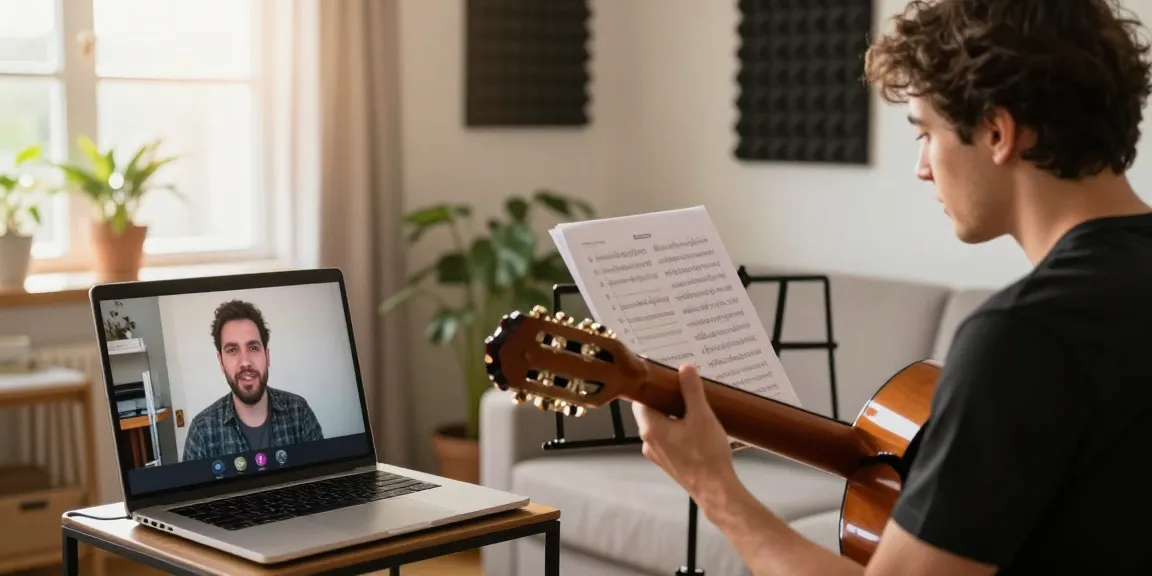 Engaging Zoom Classical Guitar Lessons with a certified instructor in a cozy home setting.