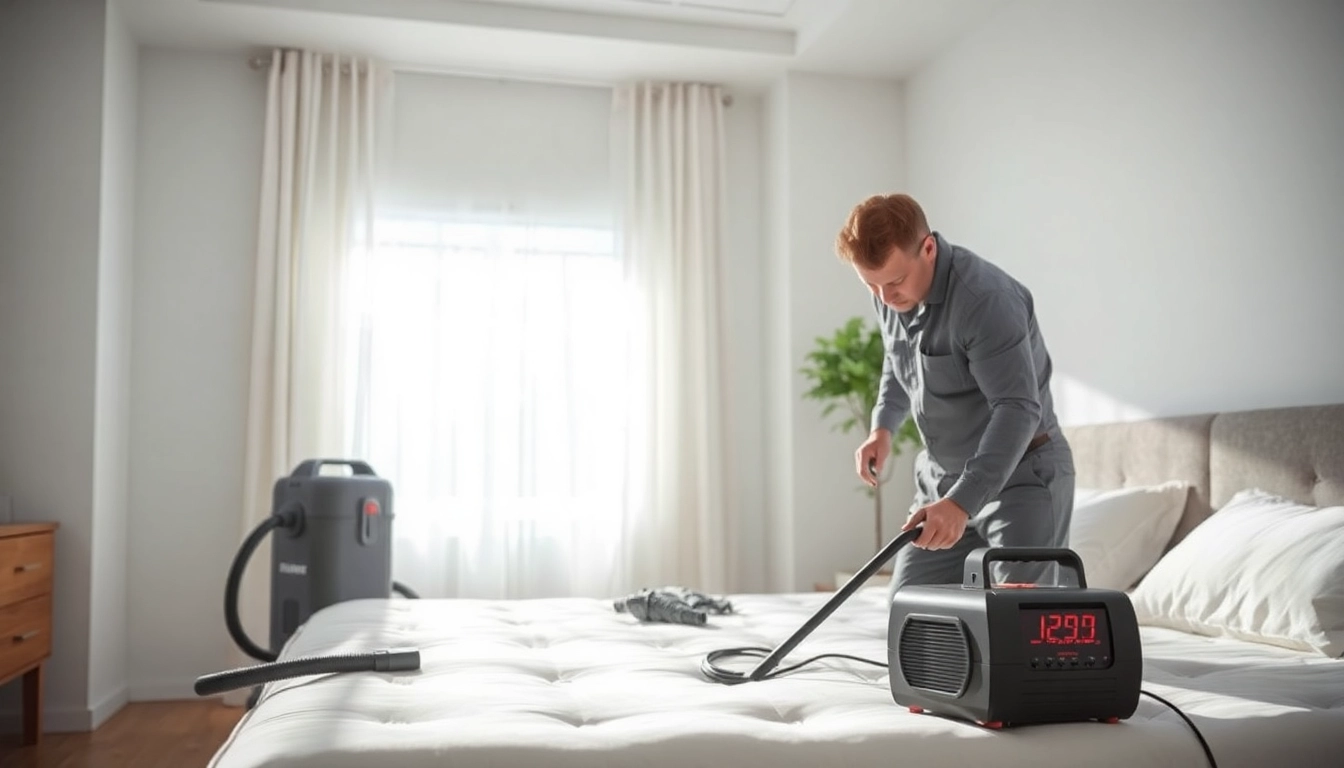 Exterminator conducting effective bed bug removal techniques in a modern bedroom.