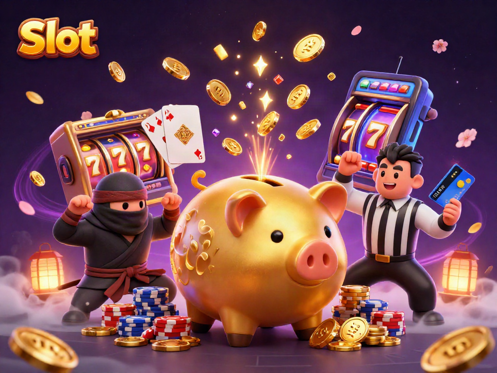 Engage in thrilling Slot action with a sumo wrestler piggy bank and epic characters.