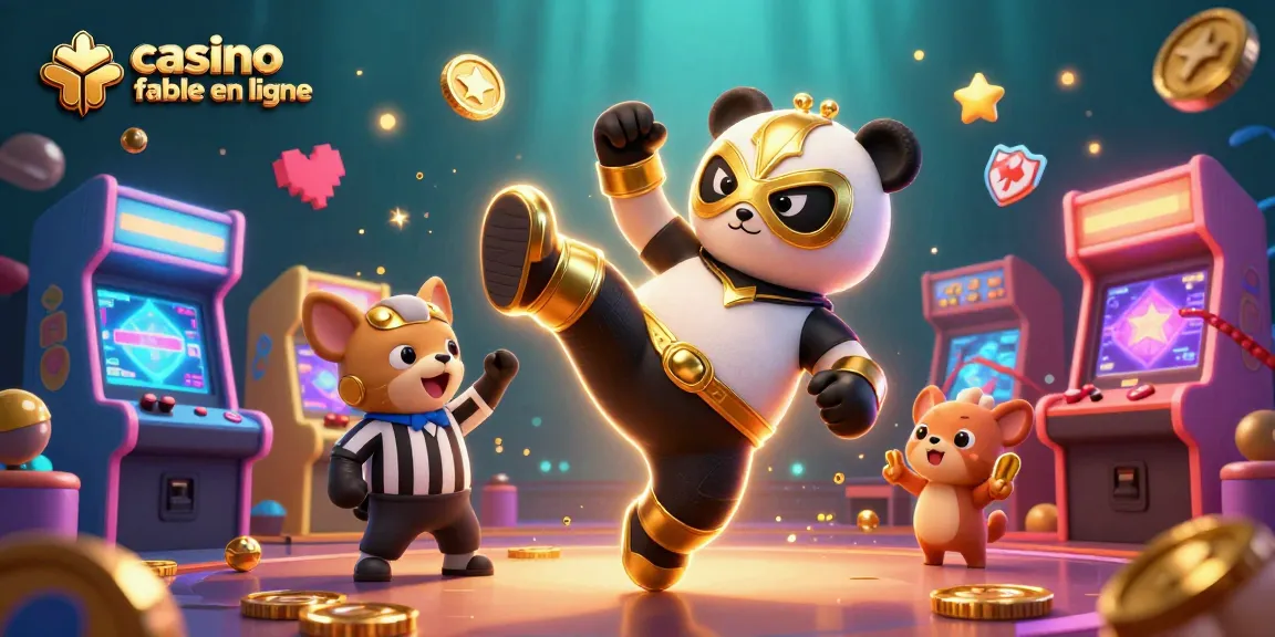 Découvrez un panda lutteur dans un casino fiable en ligne, entouré d'animaux spectateurs et de jeux