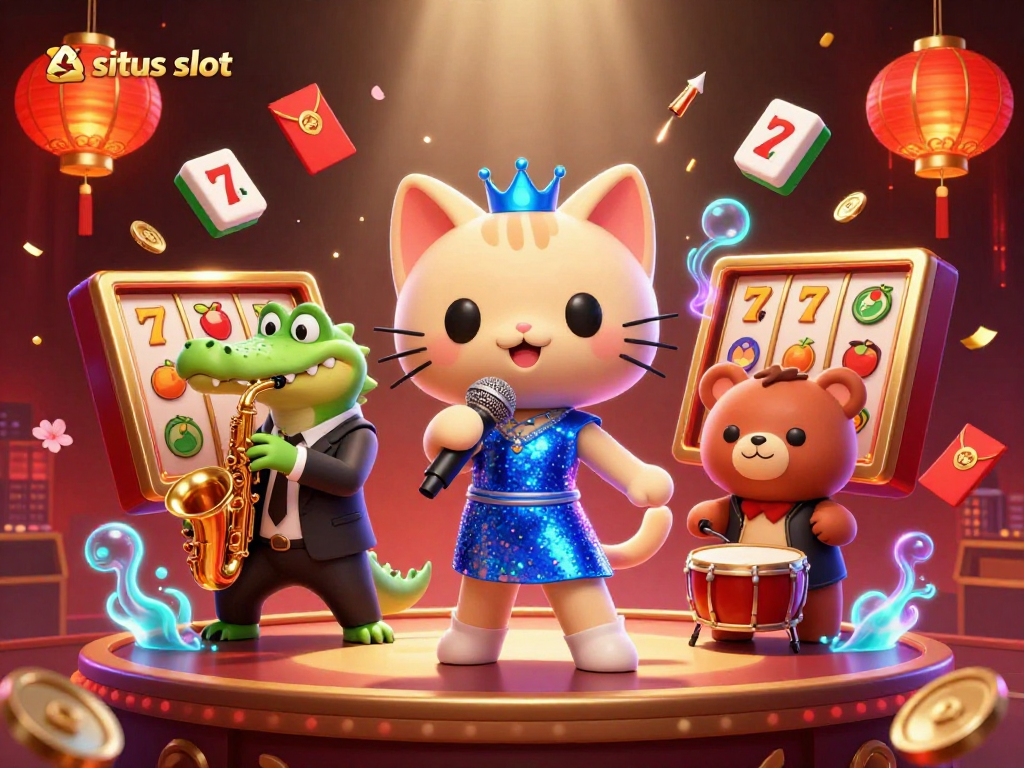 Gambar ilustrasi situs slot dengan karakter paduan suara kucing, buaya bermain saxophone, dan beruang bermain drum dalam suasana penuh warna.