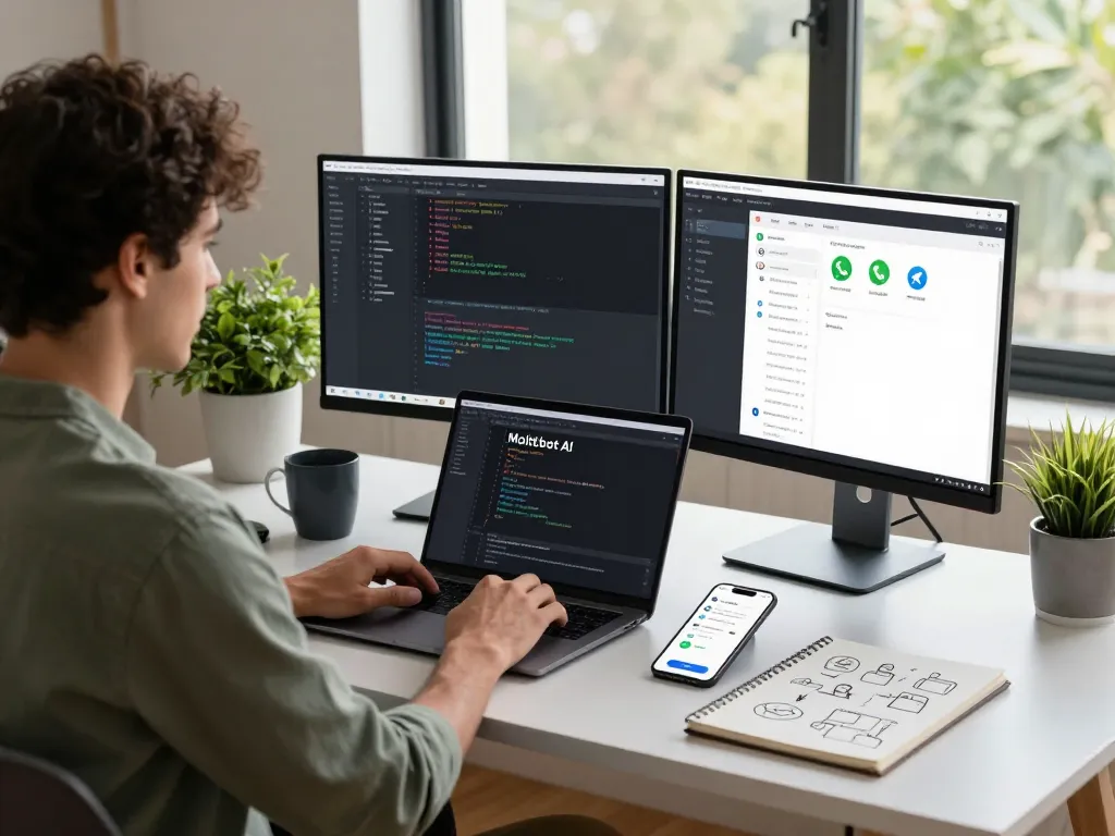 Developer coding with Moltbot AI interface, proactive notifications on smartphone, modern workspace.