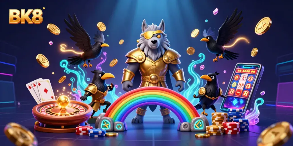 Win big with BK8 in this vibrant casino-themed illustration featuring dynamic games and glowing characters.