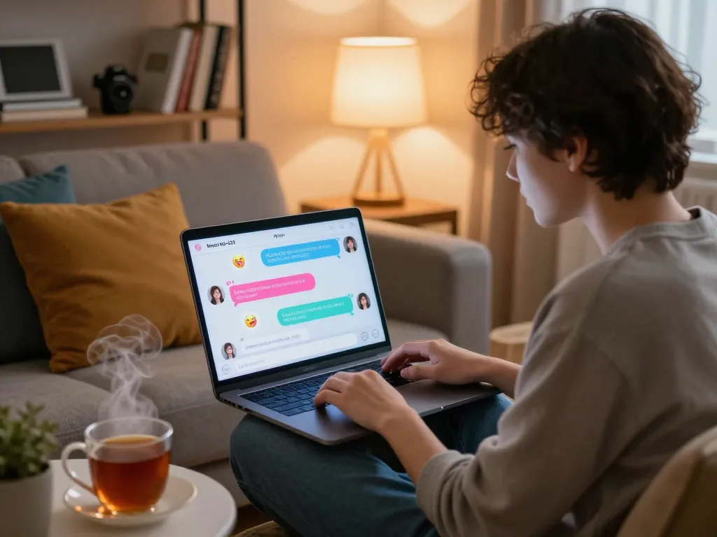 Cozy scene depicting a young person engaging in sex chat AI on a laptop, with warm lighting.