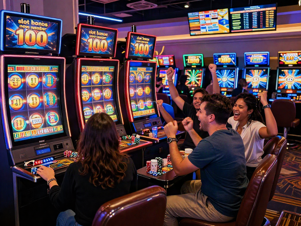 Exciting players celebrating wins with slot bonus new member 100 at vibrant casino machine.