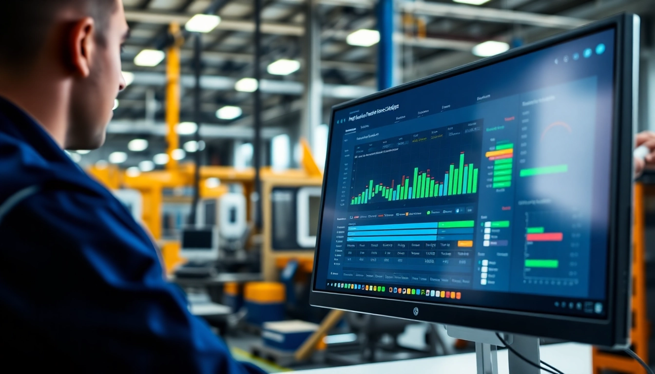 Technician using manufacturing scheduling software to optimize production processes.