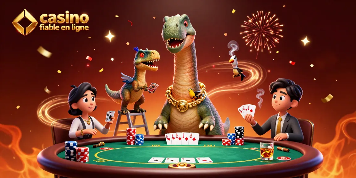 Illustration dynamique représentant un casino fiable en ligne avec un brontosaurus et un raptor jouant aux cartes.