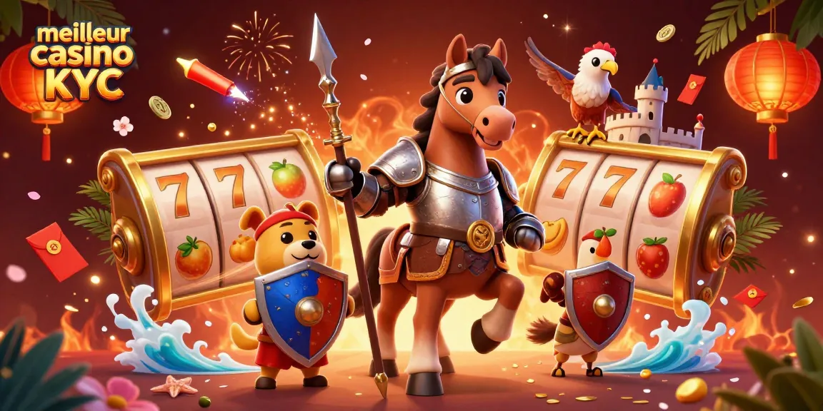 Le meilleur casino sans KYC offre une expérience unique avec un cheval chevaleresque et un écuyer, entourés de symboles de jeu.