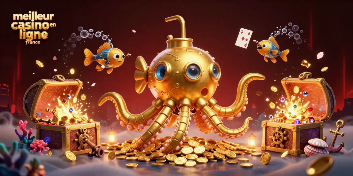 Une illustration captivante du meilleur casino en ligne France avec un kraken doré et des poissons mécaniques.