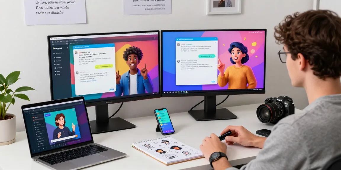 Tavern AI user interacting with digital characters in a vibrant workspace filled with creativity.