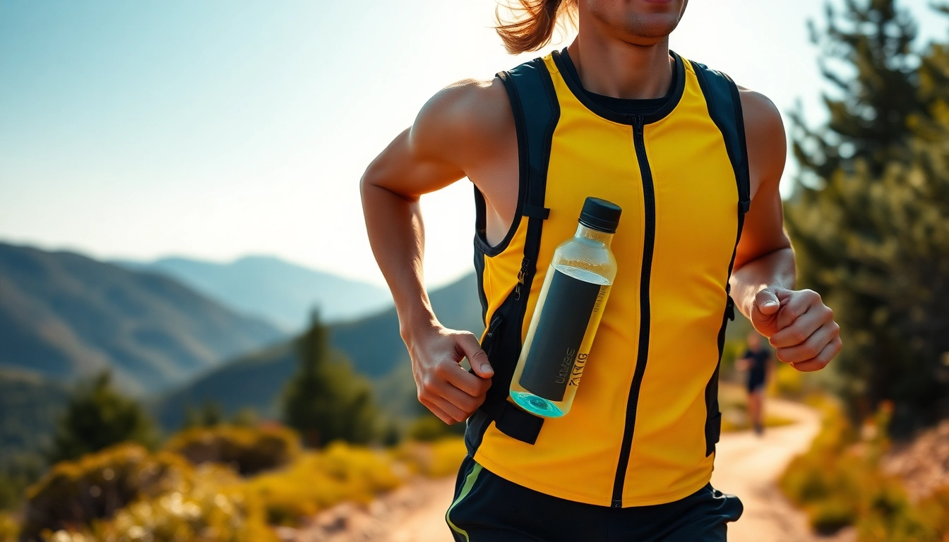 Rider using a running vest with bottle during a race in a scenic setting