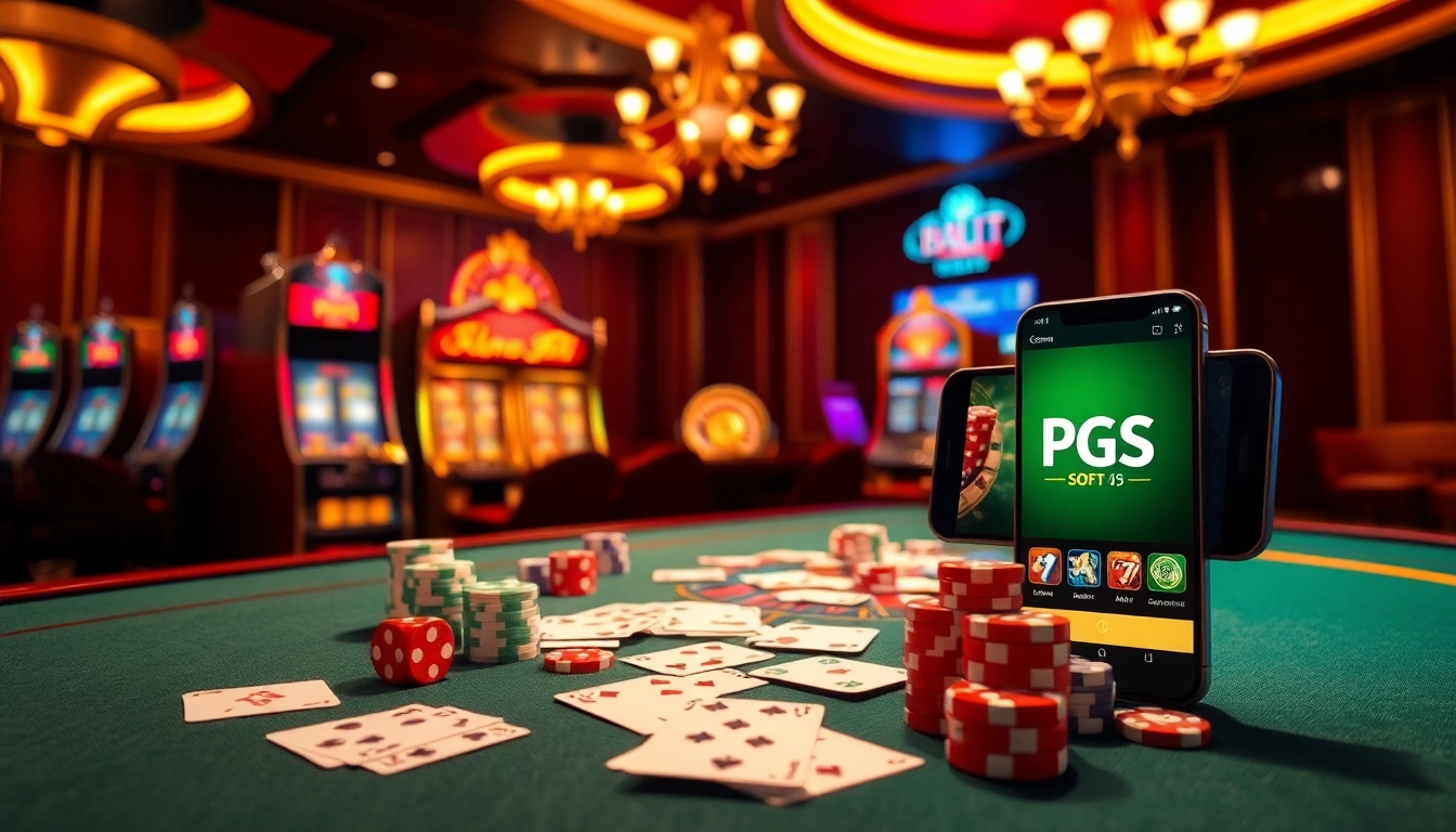 A luxurious casino scene showcasing PG Soft mobile gaming on a smartphone, vibrant gaming tables, and slot machines.
