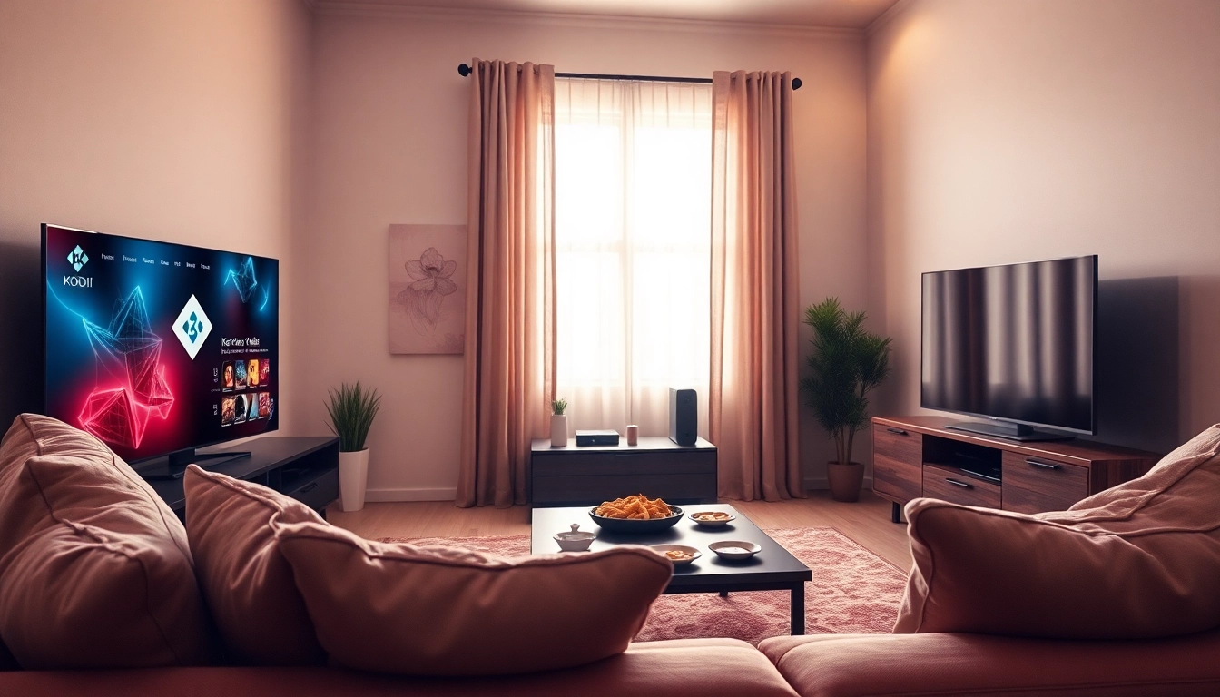 Setting up kodi tv in a cozy living room with a large screen, snacks, and warm lighting.