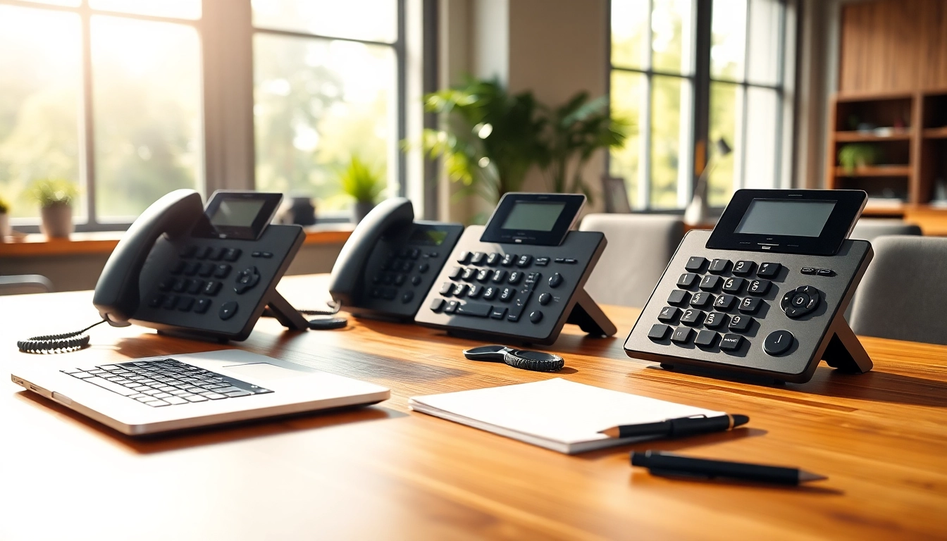 Showcasing various business phones highlighting features in a professional office environment.