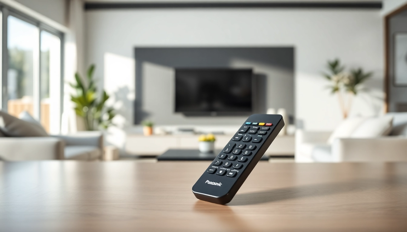 Bedienung der Panasonic Fernbedienung TX-55 auf einem eleganten Tisch im modernen Wohnraum.